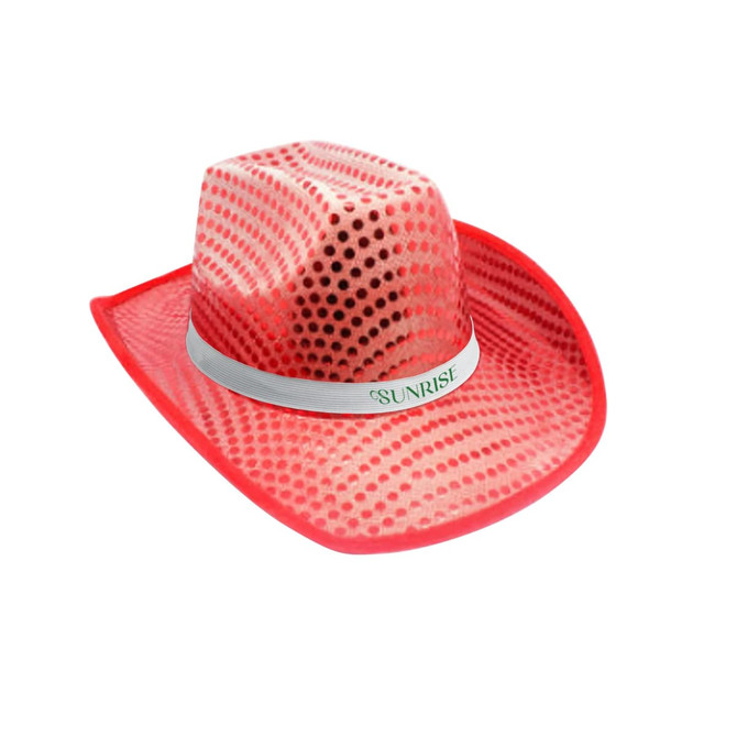 A red sequinned cowboy hat featuring a white band and a logo.