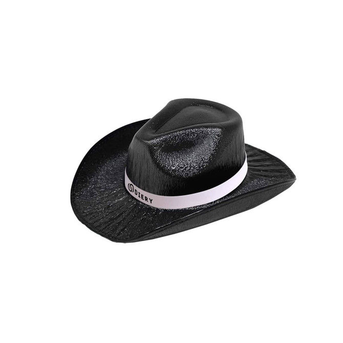 An iridescent black cowboy hat with a white band and textured surface, featuring a logo on the band.