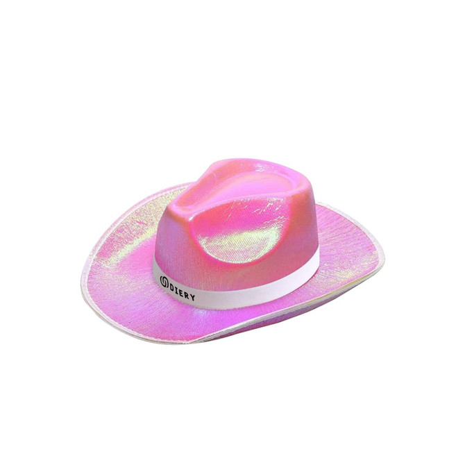 An iridescent pink cowboy hat with a white band and a logo on the front.