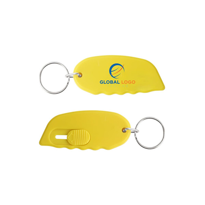 A yellow mini cutter keyring with a silver keyring attachment and a branded logo.