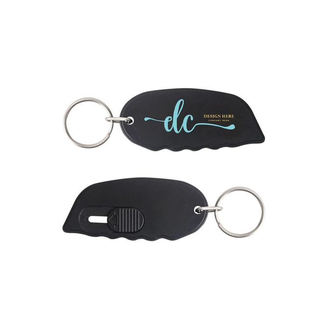 A black mini cutter keyring featuring a simple design and a metal keyring attachment.