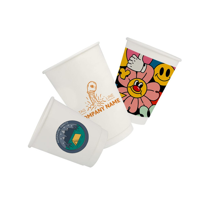 Custom disposable double wall paper cups in white, featuring colourful designs and a logo on one cup.