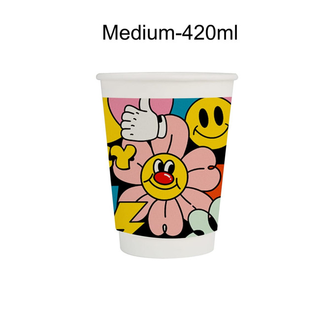 A disposable double wall paper cup featuring a colourful design with flowers and smiley faces, predominantly in pink and yellow.