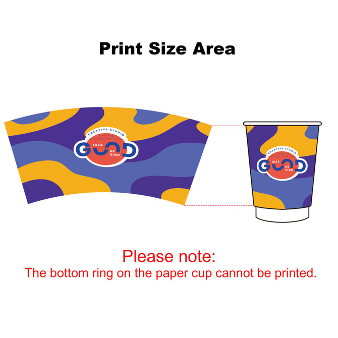 Custom disposable double wall paper cups in purple, yellow, and blue with a circular logo and print size area indicated.