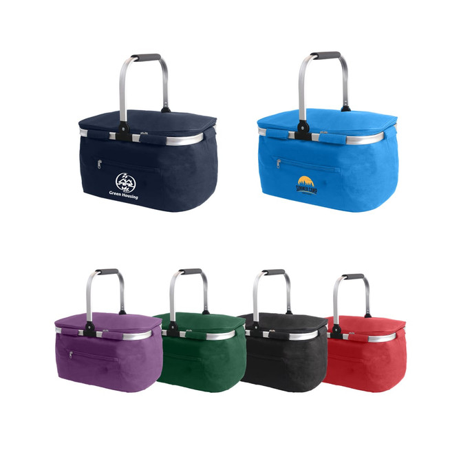 A picnic cooler basket in navy, blue, green, black, red, and purple, featuring handles and a logo.