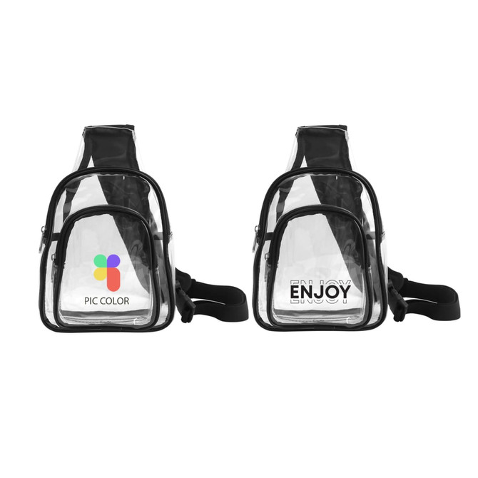 A clear PVC crossbody backpack with black straps and two distinct front pockets, one featuring a logo.