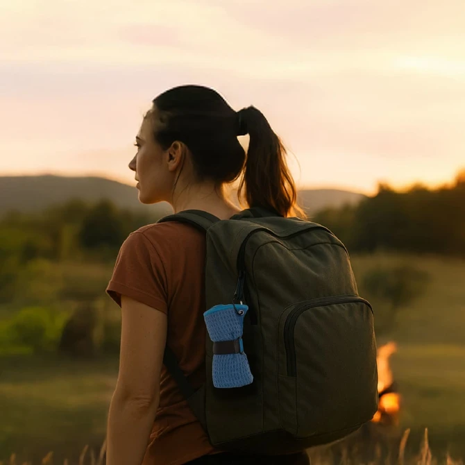 A woman with a ponytail wearing a brown top and carrying a green backpack, set against a sunset landscape.
