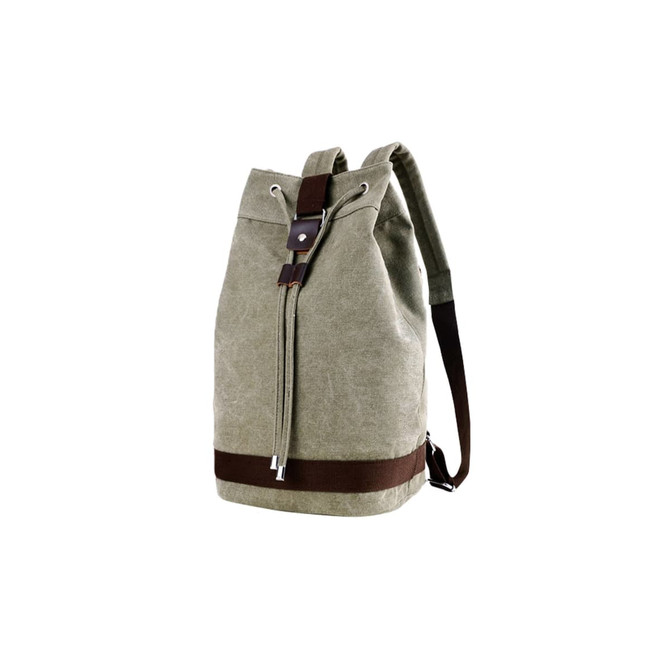 A khaki canvas bucket backpack with brown accents and adjustable straps. It features a drawstring closure and a logo.