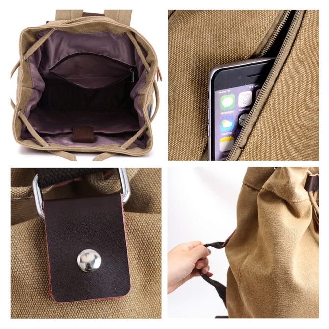 A brown canvas bucket backpack with a zippered compartment and inner pocket for a phone. It features a metal logo and a snap closure.
