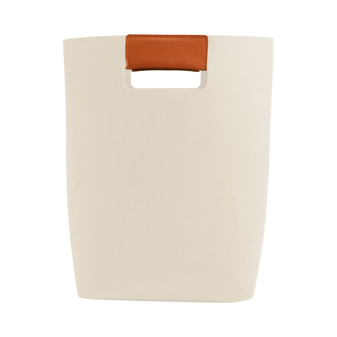 An elegant, cream felt tote bag with a brown leather handle and a logo on the front.