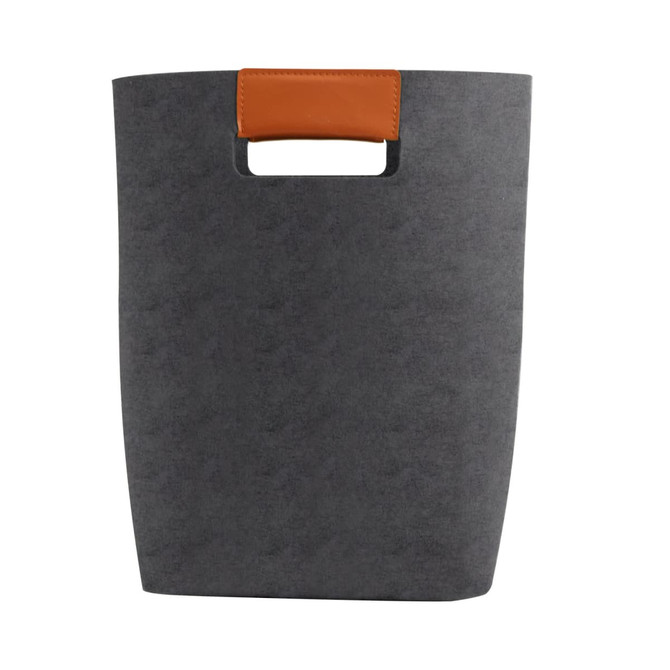 A grey felt tote bag with a brown leather handle, featuring a simple, sleek design and no visible branding.