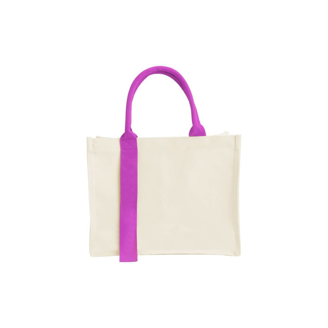 A cream canvas tote bag with a bright purple handle and a simple design. It features a logo on one side.