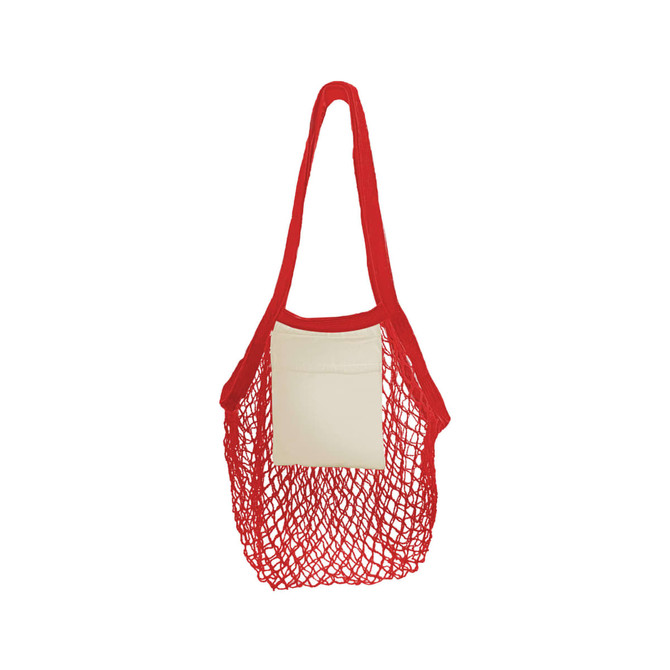 A red mesh tote bag with a cream cotton panel and shoulder straps. It features a logo on the front.