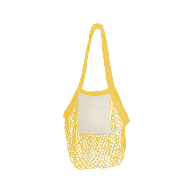 A yellow mesh tote bag with a cream-coloured pocket, featuring a logo on the side.