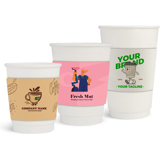 Three compostable paper cups in white, each featuring a different sleeve design and a logo.