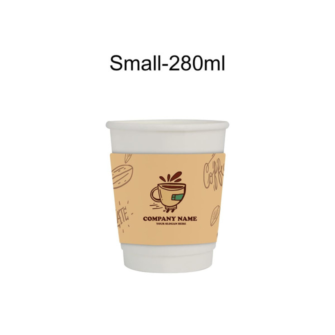 A compostable white paper cup with a brown sleeve featuring illustrations of coffee and a logo.