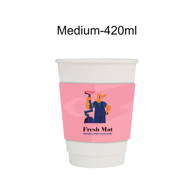 A compostable paper cup with a cup sleeve, featuring a colourful illustration and a pink design.