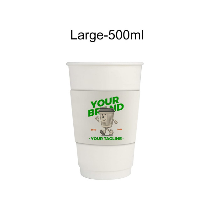 A white double wall compostable paper cup with a matching sleeve featuring a logo and branding elements.