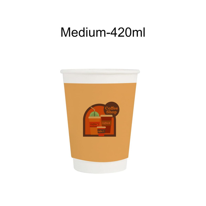 A medium, 420ml double wall paper cup in orange with a logo, designed for hot beverages.