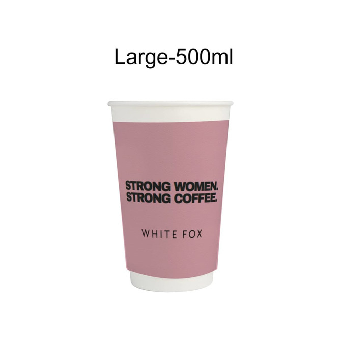 A double wall paper cup in pink with a white interior, featuring a logo and bold text.