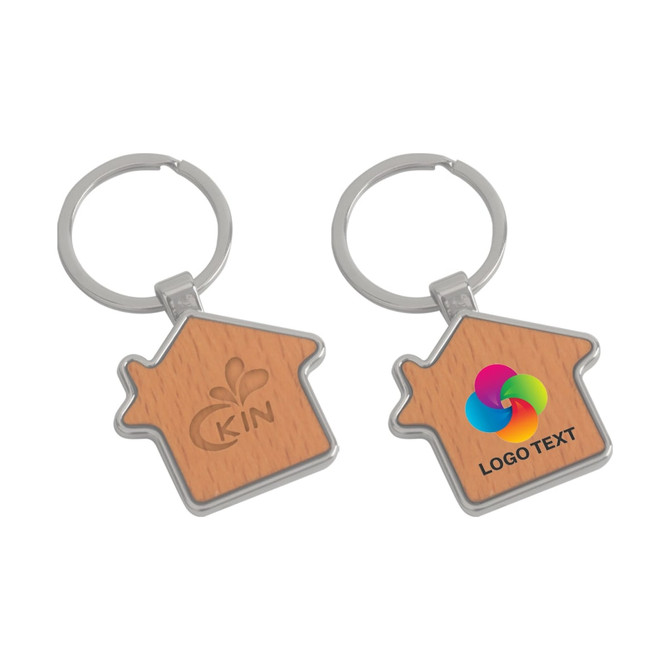 A wooden house-shaped keyring with a silver keyring attachment, featuring a logo and a smooth wood finish.