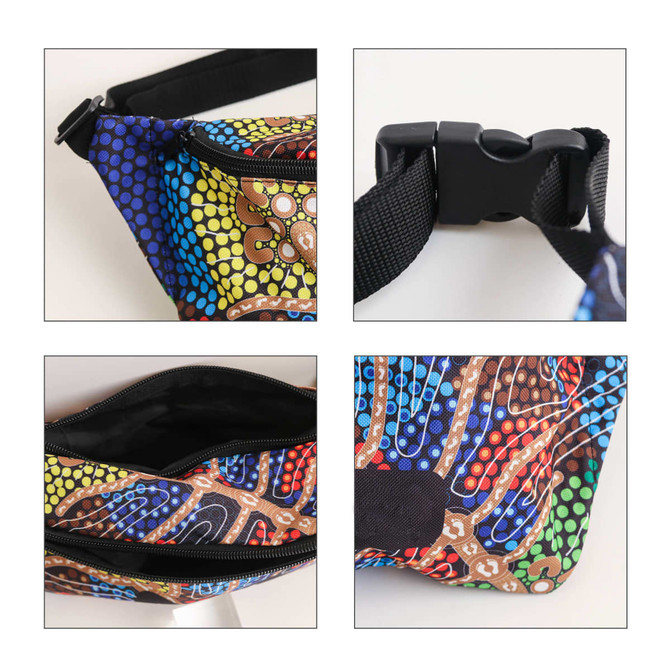 A multicoloured bum bag featuring a vibrant dotted pattern and a sturdy buckle closure, showcasing an inner compartment.