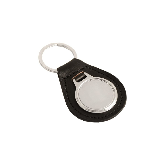 A black PU leather keyring with a metal circular attachment and a silver keyring. It has a logo.
