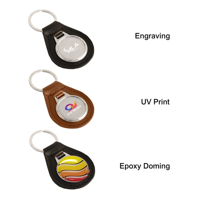 A collection of three PU leather keyrings in black and brown, featuring metal accents and various design options.