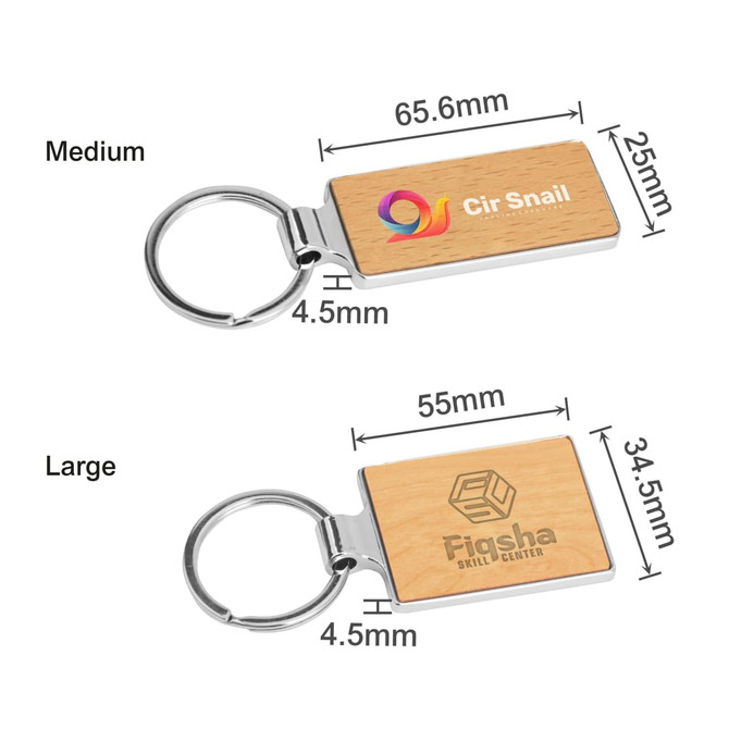 A wooden rectangle keyring with a metallic keyring attachment, featuring a logo and natural wood finish.