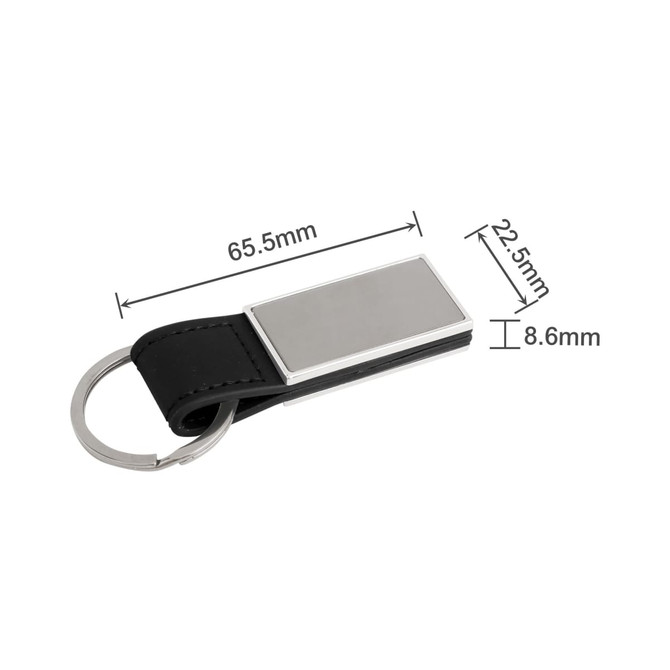 A PU leather keyring with a rectangular metallic surface, featuring a silver colour and a keyring attachment.
