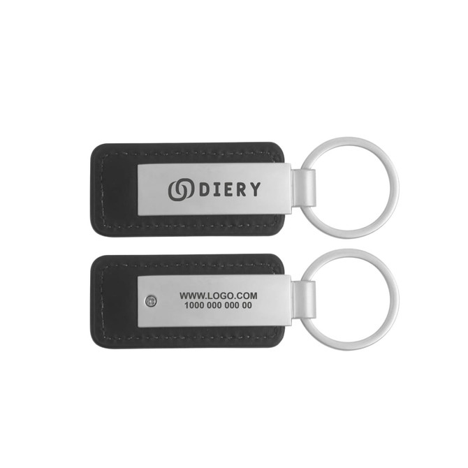 A PU leather keyring in black with a silver metal attachment, featuring a logo and engraving on both sides.