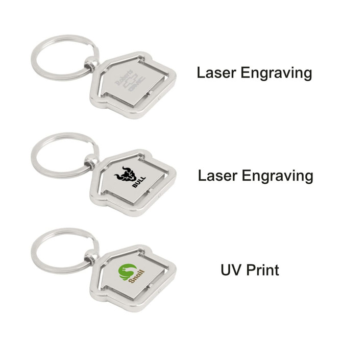 A metal keyring in a house shape, featuring silver colour and multiple designs with a logo.