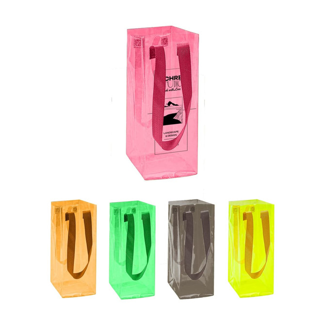 A clear jelly wine ice bag in pink, orange, green, brown, and yellow with matching straps and a logo.