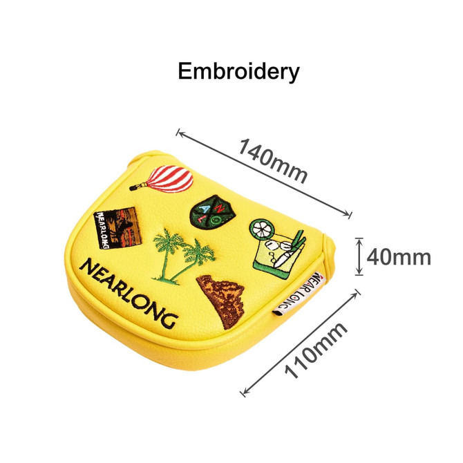 A yellow mallet putter cover with various embroidered designs, featuring palm trees and travel-themed patches.