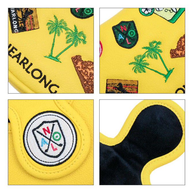 A custom mallet putter cover in vibrant yellow, featuring various patterns, including palm trees and a logo.
