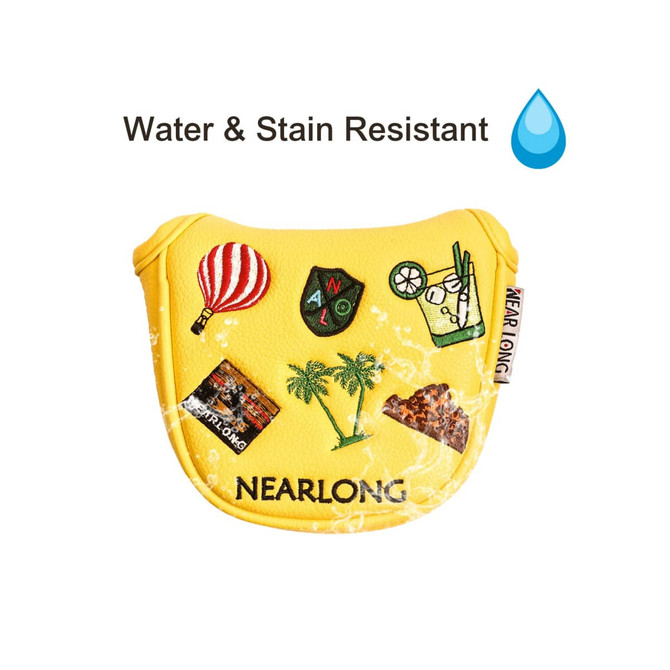 A yellow mallet putter cover featuring various embroidered patches and a logo, designed to be water and stain resistant.