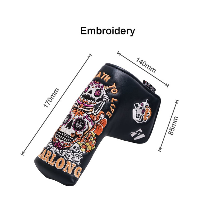 A black custom blade putter cover with colourful embroidered designs, featuring floral and skull motifs, and dimensions indicated.