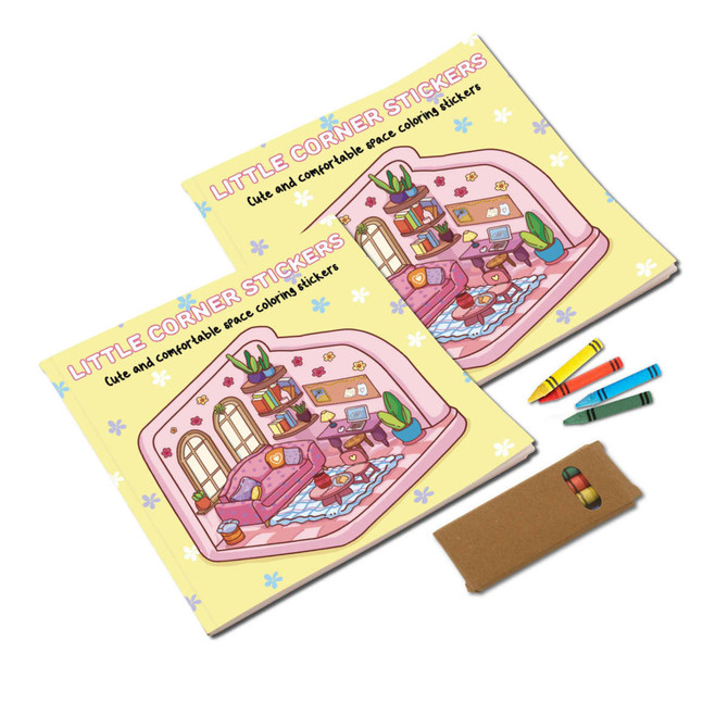 Two custom colouring books featuring a whimsical, illustrated scene with pastel colours, accompanied by crayons and a small storage pouch.