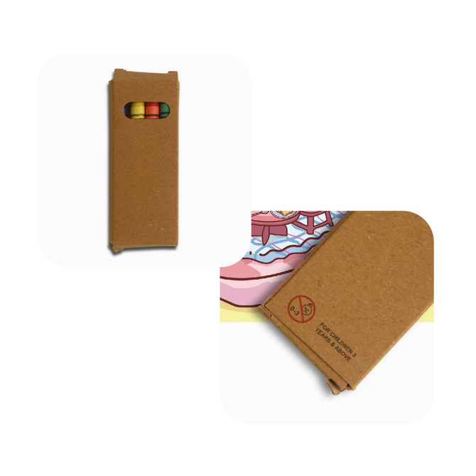 A 14x14cm custom colouring book with a brown cardboard cover and three coloured pencils included.