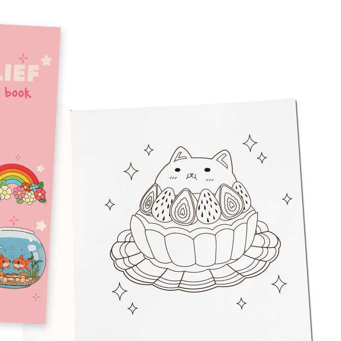 A5 colouring book featuring a cute illustration of a cat on a dessert, with a pink cover and branding.