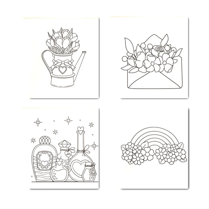A5 custom colouring book featuring black and white line drawings of flowers, an envelope, bottles, and a rainbow.