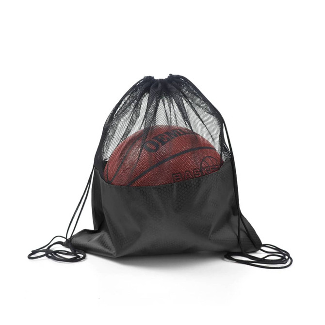 A black drawstring mesh backpack containing a basketball, featuring a logo on the side.
