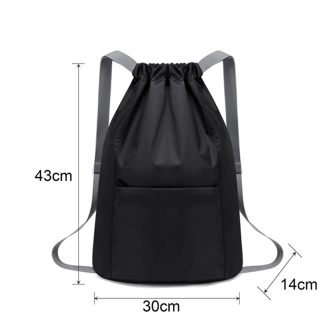 A black drawstring backpack with grey straps, featuring a front pocket, dimensions 43cm x 30cm x 14cm.