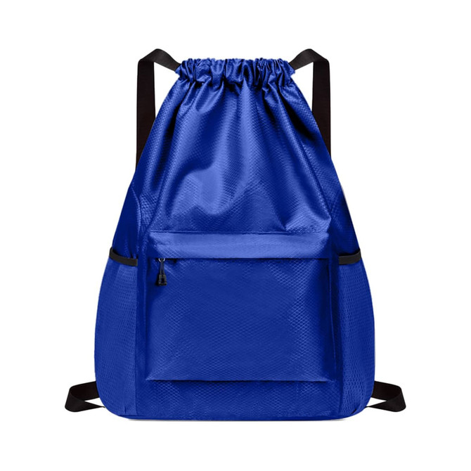 A blue multi-pocket drawstring backpack with a front zip pocket and black straps. It has a textured surface.