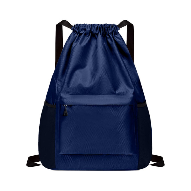 A navy blue multi-pocket drawstring backpack with adjustable straps and a front zippered pocket.