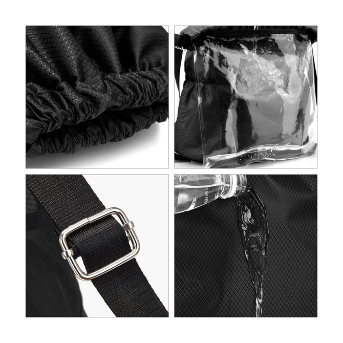 A black multi-pocket drawstring backpack featuring a water-resistant pocket and durable adjustable strap.