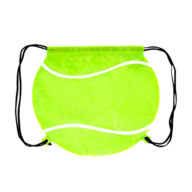 A ball-shaped drawstring backpack in bright green with white accents and black drawstrings, featuring a logo.