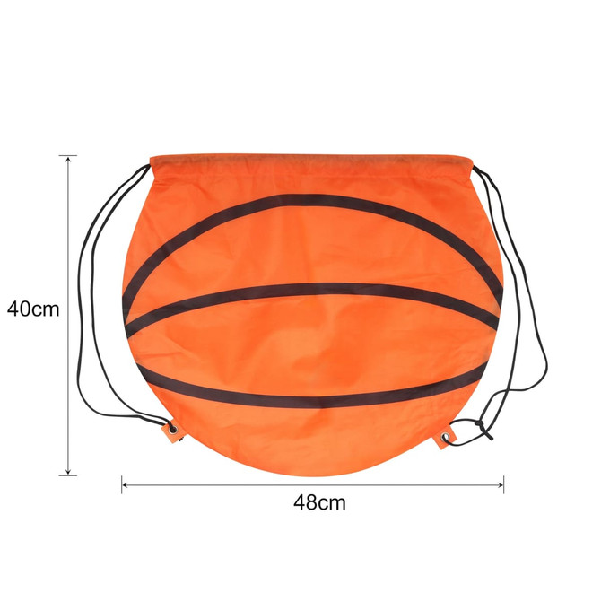 An orange ball-shaped drawstring backpack with black stripes, measuring 48cm wide and 40cm high.