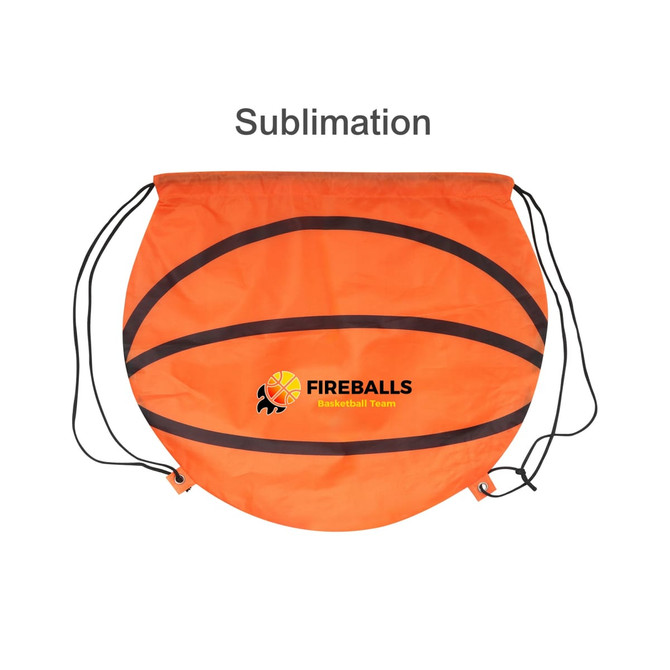 An orange ball-shaped drawstring backpack featuring black basketball lines and a logo at the centre.