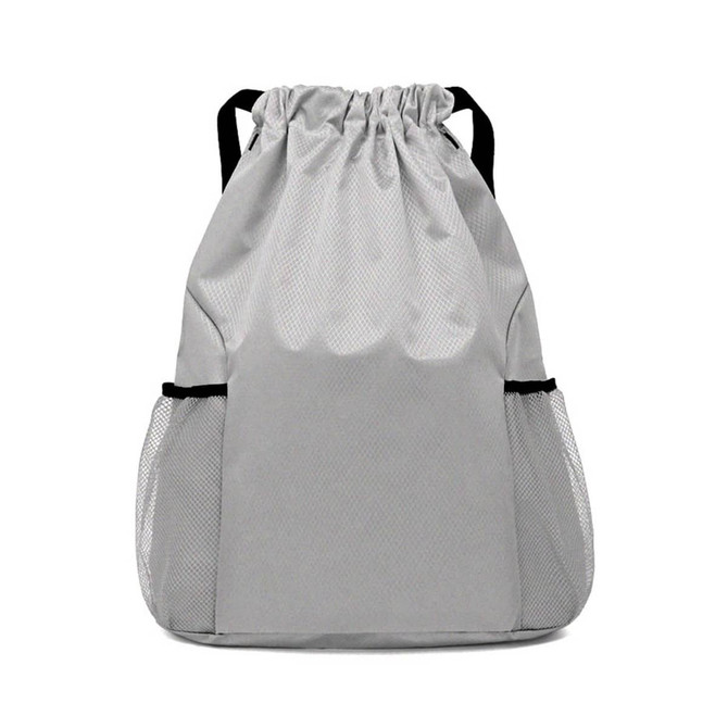 A grey drawstring backpack with black accents and mesh side pockets. It features a logo on the front.